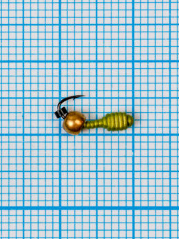 Мормышка Личинка Куб (Larva Cube) 0,35/2, жёлтый Fluo, латунный шар золото