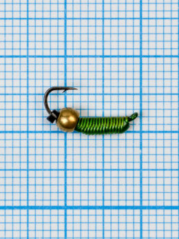 Мормышка вольфрамовая "CADDIS" № 1 0,39/14, зеленый  Fluo, латунный шар золото